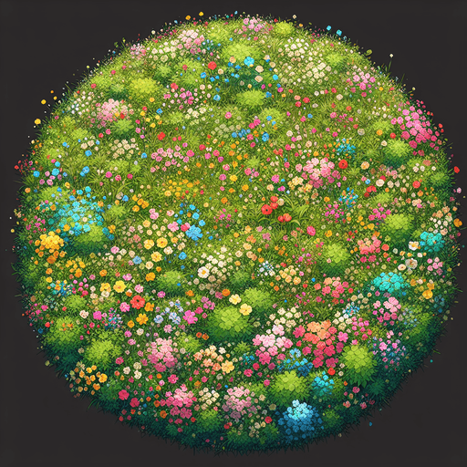a lush meadow full of tiny flowers. top-down view.
Single Game Texture. In-Game asset. 2d. Blank background. High contrast. No shadows.
