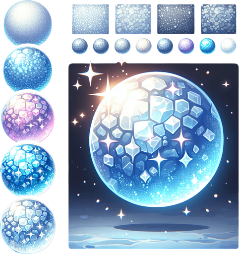Frozen round ball sparkling with effects.
Single Game Texture. In-Game asset. 2d. Blank background. High contrast. No shadows.