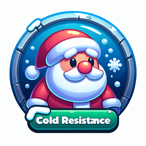 Icon for santas cold resistence, cartoon, with the text: „Cold Resistence“ at top Single Game Texture. In-Game asset. 2d. Blank background. High contrast. No shadows.