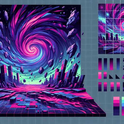 Backdrop: A warped reality scene with twisting, fragmented terrain and a swirling vortex in the background.

Colors: Deep purples, neon pinks, and electric greens.

Details: Fractured floating rocks and glitch-like patterns..
Single Game Texture. In-Game asset. 2d. Blank background. High contrast. No shadows.