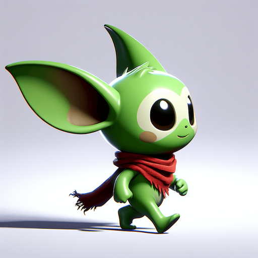 Profile view of a mischievous little green grinch with a red scarf, big ears but no tail. Walking in the right direction. no background . no floor. In-Game asset. 2d. Blank background. High contrast. No shadows.