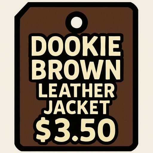 price tag that's says Dookie Brown Leather Jacket $3.50.
In-Game asset.  2d.  High contrast.  No shadows