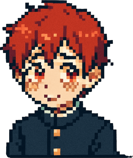 A cute 15-year-old red-haired boy with bright red eyes, wearing a traditional Japanese school uniform (gakuran). He is framed inside a square, showing a shy expression: blushing cheeks, slightly averted gaze, and a small, nervous smile. His shoulders are slightly hunched, giving off a sense of insecurity, yet his cuteness stands out clearly. The image is illustrated in Pixel Art style..
In-Game asset.  2d.  High contrast.  No shadows