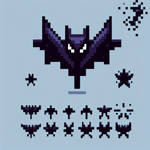 8-bit pixelated dark bat stylized icon shaped throwing ninja star on a spritesheet containing multiple stages of the bat flapping it's wings up and down.
Single Game Texture. In-Game asset. 2d. Blank background. High contrast. No shadows.