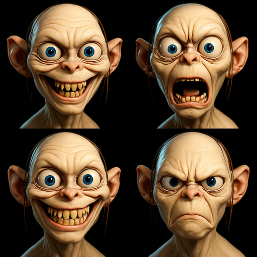 3D Scary but funny and cute face meme of gollum. only face, different faces look.
In-Game asset.  3D.  High contrast.  No shadows. only face
