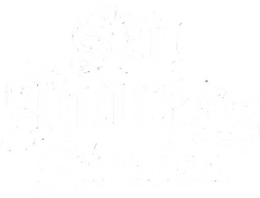 letras blancas con un contorno negro con cursiva. que dicen san andreas stories
In-Game asset.  2d.  High contrast.  No shadows con el tipo de letra del el juego gta san andreas