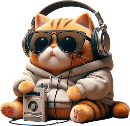 The character in the image transforms into a music-loving cat, retaining its cartoon-style appearance as an orange tabby with distinctive stripes. This cat's round face is now partially obscured by a large set of headphones, resting snugly over its big black eyes, which peek out just below oversized, round, dark opaque sunglasses. The headphones connect to a classic walkman, cradled in its paw, showcasing the cat's love for retro music vibes. Despite its prominent, exaggerated red pout shaped like a duck's bill, the cat seems even more relaxed and content as it loses itself in the melodies. Its body, smaller in proportion to its head, accentuates its adorable, chubby look, further emphasized by its simple, light-colored hoodie with a drawstring. Sitting with paws in front and a walkman in hand, the cat's relaxed posture now takes on a rhythm of its own, embodying the blissful escapism found in music. This updated portrayal, merging playful charm with a passion for tunes, perfectly suits a mascot for music education apps or as a delightful character in children's stories about the joy and universal language of music..
Single Game Texture. In-Game asset. 2d. Blank background. High contrast. No shadows.