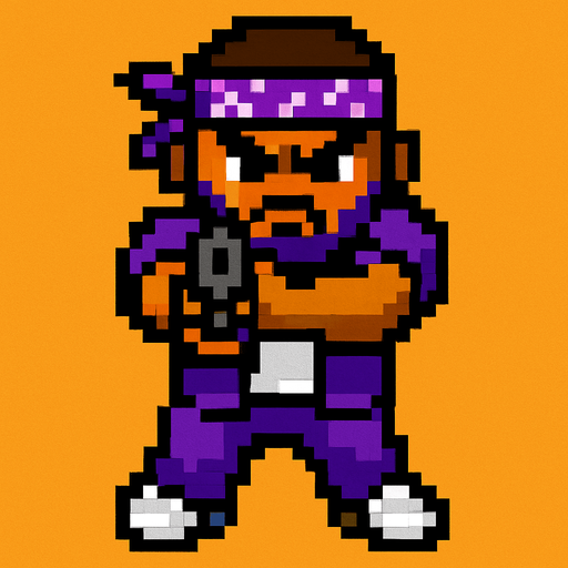 pandillero de morado hecho con pixeles con perspectiva desde arriba visto de frente apuntando hacia enfrente con un arma
In-Game asset.  2d.  High contrast.  No shadows