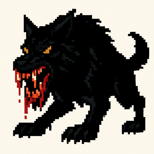 a large black beast with fangs sharpened with blood pixel art style.
In-Game asset.  High contrast.  No shadows