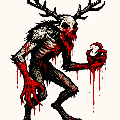 a wendigo with blood.
In-Game asset.  2d.  High contrast.  No shadows