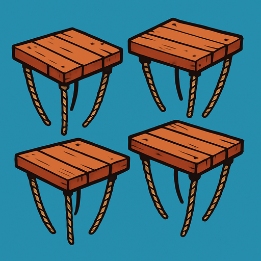 Tarimas con cuerdas tensadas flotando debajo..
In-Game asset.  2d.  High contrast.  No shadows