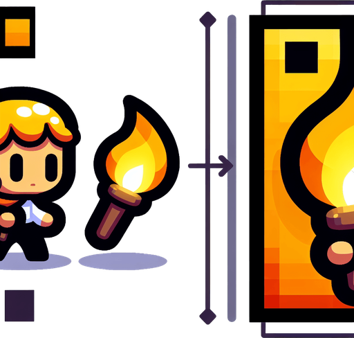 Si tu souhaites créer un personnage tenant une torche pour ton jeu, voici quelques conseils pour le design :

    Design du personnage :

        Proportions simples : Garde le design du personnage simple et épuré, avec une silhouette facilement reconnaissable. Il pourrait être petit et mignon, dans un style cartoon.

        Torche : La torche devrait être grande par rapport à la taille du personnage, avec une flamme vive pour ajouter du dynamisme. Assure-toi que la flamme est visible et lumineuse, avec des dégradés de jaune et orange..
Single Game Texture.  In-Game asset.  2d.  Blank background.  High contrast.  No shadows