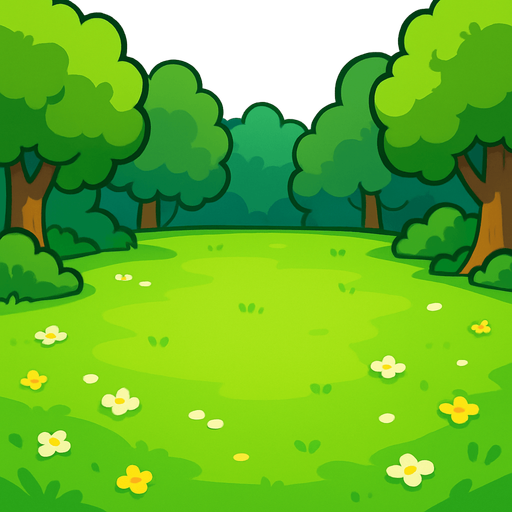 a cartoon style 3d image of a green meadow with trees on the edges and a clearing in the middle..
In-Game asset.  2d.  High contrast.  No shadows