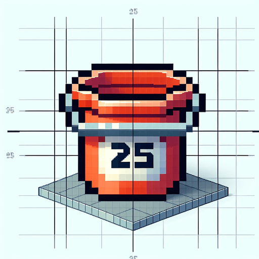 bucket with 25 text on it. front view. Single Game Texture. In-Game asset. 2d. Blank background. High contrast. No shadows. pixel. 8 bit