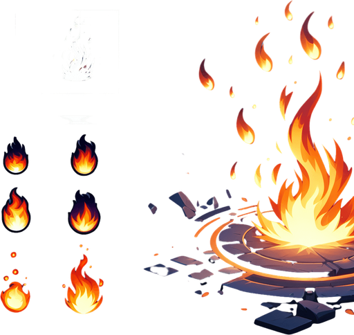 fire
Single Game Texture. In-Game asset. 2d. Blank background. High contrast. No shadows.