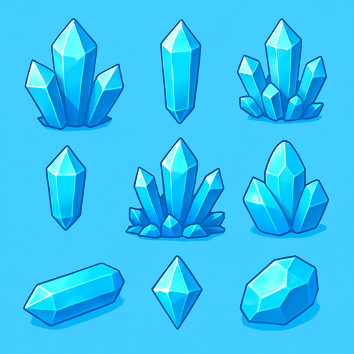 Pack of a different crystal assets. Blue sky color. HD colors..
In-Game asset.  2d.  High contrast.  No shadows