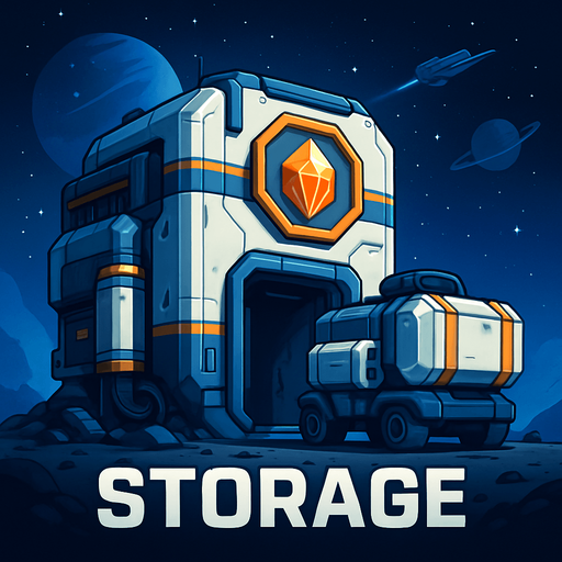 Uzay temalı global Cevher deposu, uzay kargosu, gerçekçi, Altında "Storage" yazsın.
In-Game asset.  High contrast.  No shadows