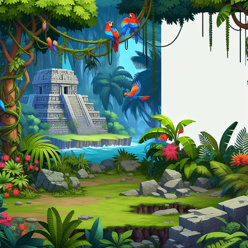2d tropical sout america deep jungle. not far away, a ruins of ancient aztec temple..
Single Game Texture.  In-Game asset.  2d.  Blank background.  High contrast.  No shadows