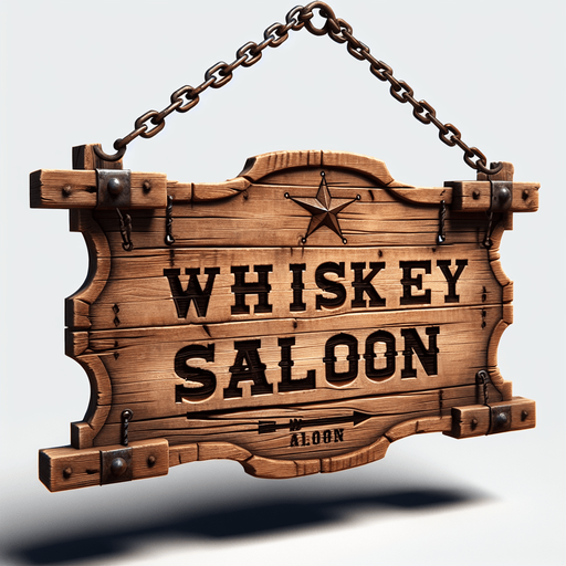 front facing western shooting gallery wooden sign hanging from chains that is written "Whiskey Saloon".
Single Game Texture. In-Game asset. 2d. Blank background. High contrast. No shadows.