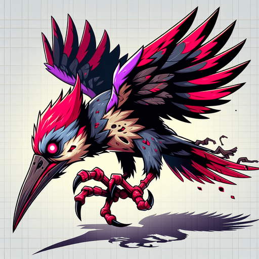 flyin evil woodpecker bird.
Single Game Texture.  In-Game asset.  2d.  Blank background.  High contrast.  No shadows