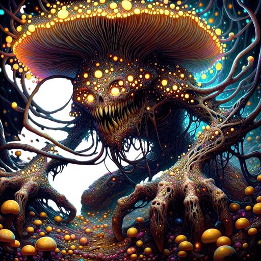 Emerging from the shadows of a twisted, nightmarish landscape, the Psychedelic Nightmare Mushroom Monster is a creature of both mesmerizing beauty and utter terror. Its grotesque form is a tangled amalgamation of flesh and fungi, with its body covered in pulsating, bioluminescent mushrooms that emit an eerie, shifting spectrum of psychedelic colors.

Its head is a nightmarish, oversized mushroom cap, with gnarled, root-like tendrils hanging down, twitching like sentient vines. Hollow, glowing eyes peer out from beneath the cap, radiating an unsettling, otherworldly light that pierces the darkness. A wide, malicious grin stretches across its face, revealing rows of jagged, yellowed teeth that seem to drip with toxic spores.

The creature's limbs are elongated and sinewy, ending in twisted, claw-like fingers that dig into the ground with each step. Its movements are erratic, a haunting dance of jerks and spasms, as if it is being controlled by some unseen force. As it prowls through the.
Single Game Texture. In-Game asset. 2d. Blank background. High contrast. No shadows.