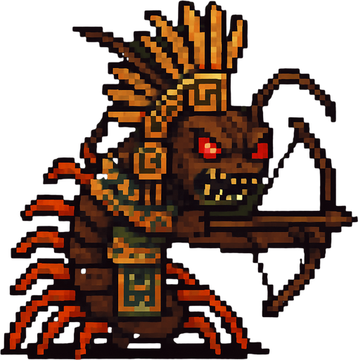 Genérame una Ciempies gigante amazonico guerrero azteca con eso patrones, estilo pixelar, con una apariencia maligna, ojos rojos, rabioso. Unidad a distancia, con un arco o cerbatana. Animal.
In-Game asset.  2d.  High contrast.  No shadows