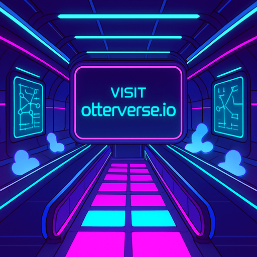 Render a subterranean transit hub lit by neon tubes and pulsating floor panels. The massive central screen displays ‘Visit otterverse.io’ in sleek futuristic font. Incorporate moving walkways, holographic route maps, and vapor clouds rising from vents—no character or coin elements..
In-Game asset.  2d.  High contrast.  No shadows