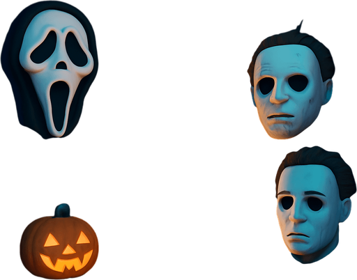 3D Scary room with many 3D decorations around, 3D scary masks of memes from movies around it.
In-Game asset.  3D.  High contrast.  No shadows. no jesus cross. no star of 6. no start of 5. no devil. HD colors