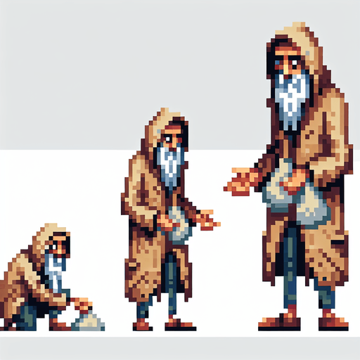 pixel art beggar.
Single Game Texture. In-Game asset. 2d. Blank background. High contrast. No shadows.