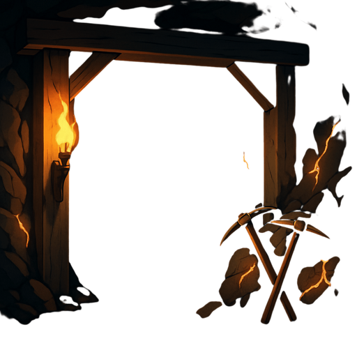 An underground medieval mine with flickering torchlight, wooden supports, glowing ore veins, pickaxes leaning on rocks, deep shadows and echoing silence, realistic.
In-Game asset.  2d.  High contrast.  No shadows