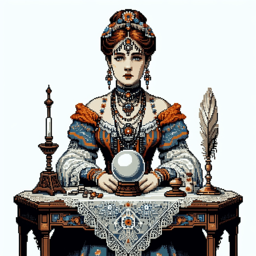 Madam curio sits in front of you. She is an Edwardian era fortune teller. She is seen from the waist up in front of an ornate table.. Single Game Texture. In-Game asset. 2d. Blank background. High contrast. No shadows. Full color pixel art..
Single Game Texture. In-Game asset. 2d. Blank background. High contrast. No shadows.