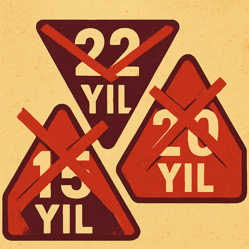 "22 Yıl" bordo renk
"20 Yıl" kırmızı renk
"15 Yıl" beyaz renk 
şeklinde bir görsel oluştur , üstü X şeklinde olsun . retro temada olsun !.
In-Game asset.  2d.  High contrast.  No shadows. 2