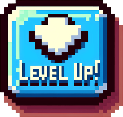 cartoon. 8bit. messsage:

Level Up!.
Single Game Texture. In-Game asset. 2d. Blank background. High contrast. No shadows.