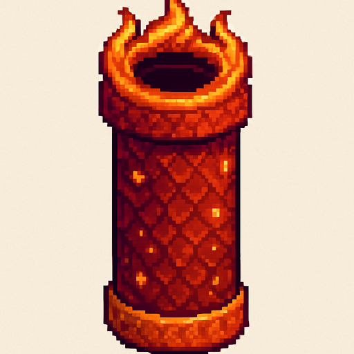 A single vertical top pipe for a 2D pixel art side-scrolling game with classic Flappy Bird hitbox. The pipe is designed with a dragon theme using red, orange, and gold tones. The pipe surface features subtle dragon scale textures and glowing ember details. Around the opening at the top, there is a stylized flame motif to give a mystical fantasy feel. The pipe is viewed from the side with a clear silhouette suitable for gameplay. The style is cute, retro, and fits a pixel art fantasy game..
In-Game asset.  2d.  High contrast.  No shadows. pixel art. side view. retro. fantasy. dragon theme. red. orange. gold. cute. mystical