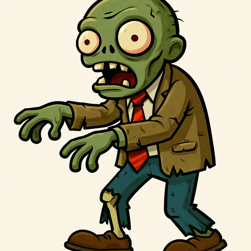 Zombie de piel verdosa y pálida, con una cabeza ovalada y dos grandes ojos saltones con pupilas pequeñas y rojizas. Su boca está abierta, mostrando dientes irregulares. Viste un traje de negocios marrón claro, una camisa blanca y una corbata roja a rayas, todo rasgado y sucio. Sus pantalones azules están hechos jirones, dejando ver una pierna esquelética, y calza zapatos marrones desgastados. Sus brazos están extendidos ligeramente hacia adelante.
In-Game asset.  2d.  High contrast.  No shadows