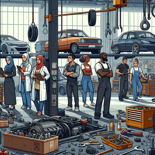 A garage with employees who can repair the cars.
Single Game Texture. In-Game asset. 2d. Blank background. High contrast. No shadows.