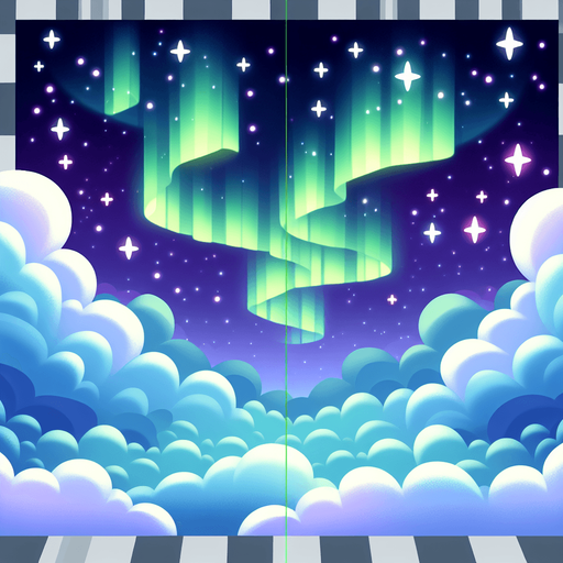 Starry night sky, northern lights, looking up. Cartoon style. Above clouds
Single Game Texture. In-Game asset. 2d. Blank background. High contrast. No shadows.