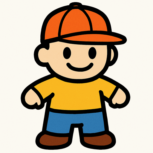 un muñeco con gorra y pantalones.
In-Game asset.  2d.  High contrast.  No shadows