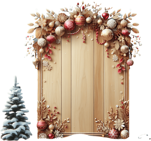 a vertical christmas wooden board with snow, and decorations on its sides Background image. High contrast. No shadows.