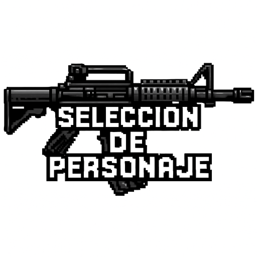 un rifle de asalto m4 negro que en medio diga seleccion de personaje hecho con pixeles.
In-Game asset.  2d.  High contrast.  No shadows