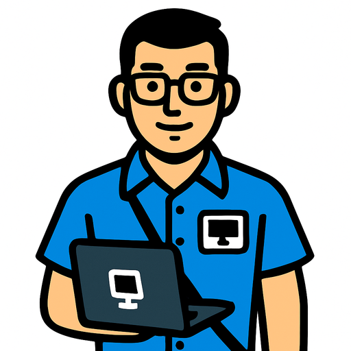 Mavi gömlekli bilgisayar teknikeri personeli.
In-Game asset.  2d.  High contrast.  No shadows