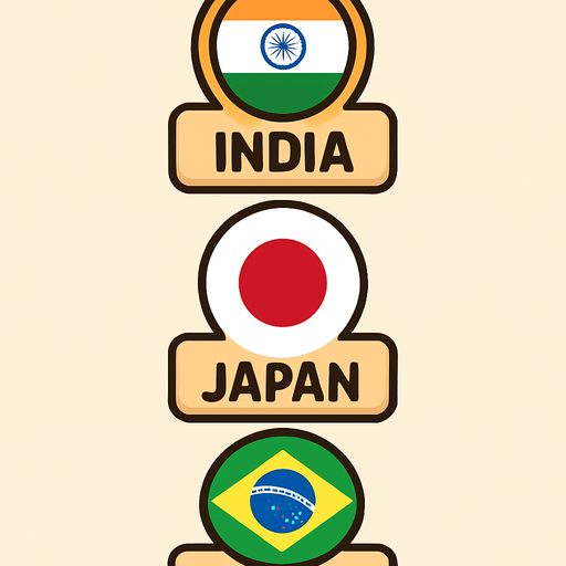 A flat, 2D game UI-style asset showing a vertical set of three country pins labeled: "India", "Japan", and "Brazil". Each pin includes a circular flag icon above the text label. The layout is columnar, cartoonish, and visually clean. Each pin should be exportable or usable individually for a mobile game's level selection screen..
In-Game asset.  2d.  High contrast.  No shadows