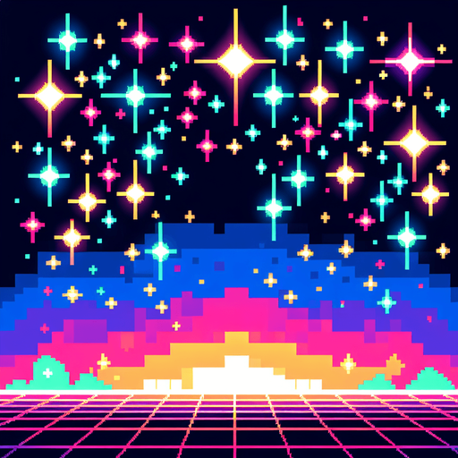 A pixel style neon night sky, with starts, background.
Single Game Texture.  In-Game asset.  2d.  Blank background.  High contrast.  No shadows