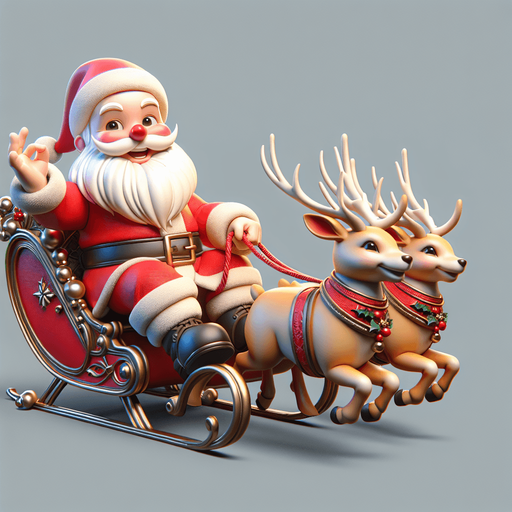 Provile view of Santa clauss in his sleigh with reindeer, smiling and making a sign with his hand game Asset. High contrast. No shadows.