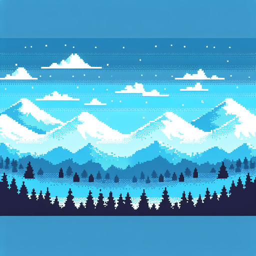 Create a pixel rendition of a winter skyline for a pixel game. The image should feature a light blue sky dominating the scene, with subtle pixelated outlines of mountain crests at the bottom. The sky needs to be clear and bright, showcasing the crispness of a winter day in a pixel art style. Use a gradient of light blue near the pixelated mountain silhouettes, gradually transitioning to a deeper blue towards the top of the image, all in a charming, pixelated format to evoke a serene, wintry atmosphere.. 8 bit. Single Game Texture. In-Game asset. 2d. Blank background. High contrast. No shadows.