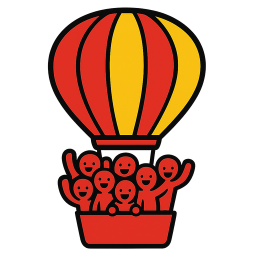 Hot air balloon full of red stickmen.
In-Game asset.  2d.  High contrast.  No shadows