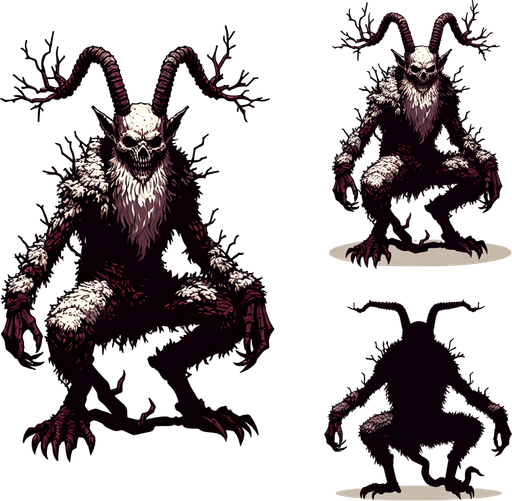 Eerie Christmas-inspired krampus doll sitting similar to a resident evil
Single Game Texture. In-Game asset. 2d. Blank background. High contrast. No shadows.
