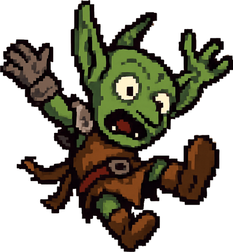 “Pixel art of a goblin falling through the air, viewed from top-down or slightly tilted angle. Arms and legs flailing, expression of surprise or fear, small fantasy armor pieces or tattered clothing. Wind or motion lines optional. Designed as a 2D game sprite, with exaggerated pose for clarity.”.
In-Game asset.  2d.  High contrast.  No shadows