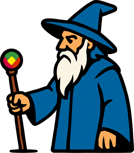 A wizard with a blue dress (like a coat) holding a stick touching the ground and a colored stone on the end of the stick, a wizard with a white beard and a hat on his head, and his whole body and right arm should not be visible from the frame (screen).
In-Game asset.  2d.  High contrast.  No shadows