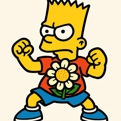 Bart in a fighting pose with a flower's head in his shirt.
In-Game asset.  2d.  High contrast.  No shadows